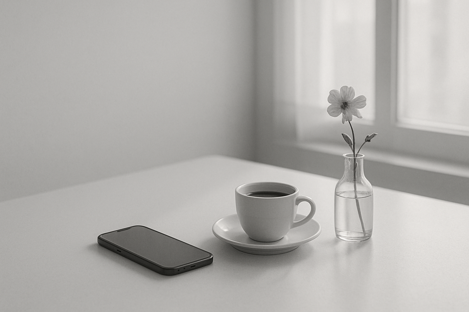 minimalist design in faded black and white with a phone on a table with a cup of coffee and small flower vase and a window 